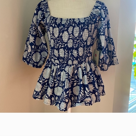 XL Mata Traders Theodora Blue White Ruched Top - Picture 4 of 4